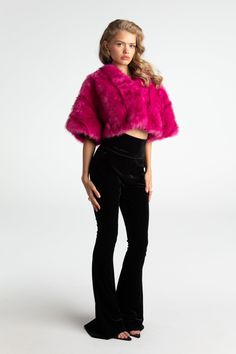 Cropped fur coats are our muse this season. Made of high-quality, environementally-friendly fur fabric, this chic coat is a perfect addition to your wardrobe. Its cropped design adds playfulness while the plush material adds warmth. Faux eco-friendly fur Cropped design Buckle included Dry clean only Party Faux Fur Outerwear In Mink, Evening Faux Fur Outerwear With Feather Trim, Chic Fluffy Fur Coat For Party, Chic Faux Fur Coat For Party, Evening Feather Trim Faux Fur Outerwear, Winter Evening Faux Fur Coat, Glamorous Pink Winter Outerwear, Mink Colored Faux Fur Outerwear For Evening, Glamorous Faux Fur Coat With Fur Trim