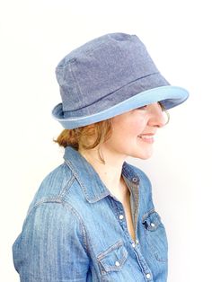 "Women's Wide Brim Summer Hat REVERSIBLE Women's Hat Two Sizes: Small and M/L Ready to Ship in 3-5 business days MADE IN YOUR CHOICE OF TWO COLORS - mix and match any colors that please you! ----------------------------------------------------------------- HOW TO ORDER 1. Please choose your size in the drop down menu. 2. Choose your color for side one with drop down menu 3. Leave me a note for the other side (find the note box at checkout) -------------------------------------------------------- Everyday Blue Brimmed Hat, Adjustable Brimmed Bucket Hat For Everyday, Adjustable Cotton Fedora, Blue Reversible Brimmed Hat, Adjustable Cotton Brimmed Fedora, Summer Reversible Blue Hat, Cotton Fedora Sun Hat, Blue Adjustable Cloche Hat For Summer, Reversible Adjustable Brimmed Sun Hat