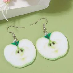 Nwt! Apple Slice Dangle Earrings New Features: New. In Great Condition. Apple Slice Dangle Earrings. Green In Color. Earring Bin Martini Outfit, Clay Charm Earrings, Kiwi Earrings, Crazy Earrings, Apple Slice, Trending Earrings, Earring Inspo, Apple Earrings, White Flower Earring