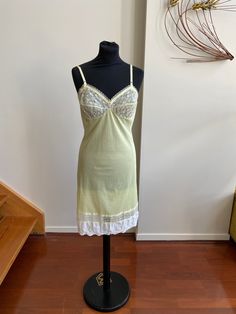 "Exquisite pale lemony yellow vintage floral full slip dress with embroidered eyelet detail by Penneys Gaymode.  Excellent condition.  Made in USA.  Size 34 (Small).  Waist 29\".  Adjustable straps." Lace Slip Dress, Women's Nightgowns, Yellow Lace, Pajama Robe, Lace Slip, Nightgowns, Lemon Yellow, Small Waist, Vintage Floral