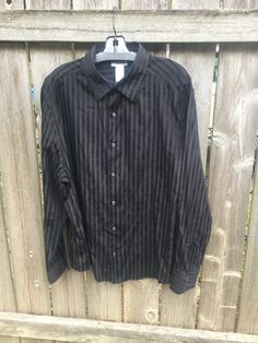 Vintage Claborne Luxe black on black stripe shirt.  60% Silk.  40% Cotton.  Button down front with button sleeves. Pinstripe Long-sleeved Shirt With Button Closure, Fall Button-up Shirt With Vertical Stripes, Fitted Black Top With Vertical Stripes, Black Shirt With Striped Collar, Fall Pinstripe Button-up Shirt, Formal Pinstripe Tops With Button Closure, Black Cotton Dress Shirt For Spring, Classic Black Shirt With Vertical Stripes, Black Shirt With Vertical Stripes For Spring