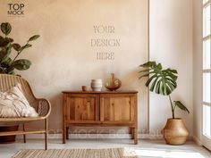 a living room with a chair, table and potted plant