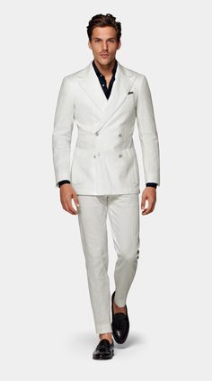 Off-White Havana Suit | Stretch Cotton Seersucker Double Breasted | SUITSUPPLY White Linen Suits For Men, Double Breasted Suit Men, Linen Suits For Men, White Wedding Suit, Summer Suits Men, White Linen Suit, Beach Wedding White, Blazer Outfits Men, Seersucker Suit