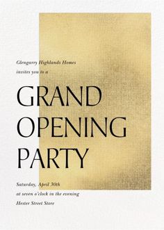 an image of a grand opening party with the words grand opening party written in black and gold