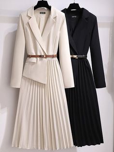 Material: Polyester, Cotton Sample size: S Delicate dry clean Protect accessory before washing Our Style No. ZC_202107 Suit Dress Women, Pleated Long Skirt, Dress Women Elegant, Pleated Midi Dress, Mid Dresses, Spring Dresses, Belted Dress, Skirt Outfits, Pleated Dress