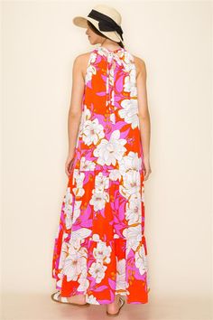 A lovely flowy dress with tiers and halter neck! Small 4-6, Medium 8-10, Large 12-14 Flowy Dress, Floral Maxi, Orange Pink, Halter Neck, Pink Floral, Pink And Orange, Orange, Floral, Pink