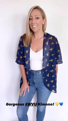 WVU Apparel for Women. WVU Football. WVU Game Day Outfit Wvu Game Day Outfit, Wvu Game Day, Wv Logo, Wvu Football, Virginia University, West Virginia University, Chiffon Kimono, Game Day Outfit, West Virginia Mountaineer