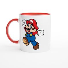 a red and white coffee mug with an image of mario