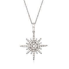 Ross-Simons - .50ct t. w. Diamond Sunburst Pendant Necklace in 14kt White Gold. 18". Bursts of dazzling .50 ct. t. w. round brilliant-cut diamonds adorn this sunburst pendant necklace. Pair this shimmering treasure with any outfit for a boost of sparkle. Suspends from a rope chain. Springring clasp, diamond sunburst pendant necklace. Diamond birthstones are the perfect gift for April birthdays. Starburst Diamond Necklace With Accents, Starburst Brilliant Cut Jewelry For Anniversary, Diamond Starburst Necklace With Accents, Diamond Starburst Necklace With Diamond Accents, Diamond White Sparkling Diamond Necklace, Sparkling Diamond White Diamond Necklace, Dazzling Starburst Jewelry With Diamond Accents, Elegant Starburst Jewelry With Brilliant Cut, Elegant Starburst Necklace With Diamond Accents