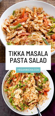 two bowls filled with pasta and vegetables on top of a wooden table next to the words tikka masala pasta