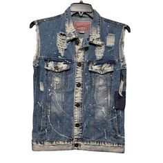 Brooklyn Cloth Men Distressed Blue Denim Vest Jean Jacket Size S. New With Tags Black Denim Jacket Men, Fleece Lined Denim Jacket, Sherpa Lined Denim Jacket, Fitted Denim Jacket, Printed Denim Jacket, Hooded Denim Jacket, Distressed Jacket, Flannel Jacket, Denim Jeans Men