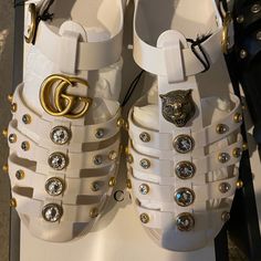 Sandals Great For The Summer . Water Resistant Too.They Run 1/2 To 1 Size Large Gucci Luxury Sandals For Summer, Luxury Gucci Sandals For Summer, Gucci Luxury Beach Sandals, Luxury White Gucci Sandals, White Gucci Sandals For Summer, Gucci Rubber Sandals, Pink Low Heels, Gucci Flip Flops, Gucci Sandals