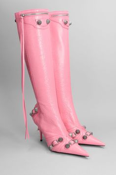 High heels boots in rose-pink leather, pointed toe, side zip closure, studs detail, 100% leather, leather sole, heel 90 mm, Made in Italy | Balenciaga Women's High Heels Boots in Rose-pink Leather in Rose/Pink | SS23 Balenciaga Heels Boots, Pink Boot Heels, Pink Boots Aesthetic, Pink Designer Heels, Pink Leather Boots, Pink Knee High Boots, Balenciaga Heels, Pink Balenciaga, Balenciaga Boots