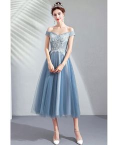 Buy Dusty Blue Tulle Tea Length Party Dress Off Shoulder With Lace at wholesale price online. Free shipping and pro custom service since 2009. Blue Tea Length Dress, Pigeon Blue, Blue Tulle Dress, Prom Dress Blue, Lace Bridesmaid Dress, Custom Bridesmaid Dress, Plum Dress, Lace Bridesmaids, Blue Party Dress