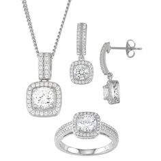 "Love your look with this 3-piece cubic zirconia jewelry set. 3-piece set includes: pendant necklace, ring, pair of earrings Base material: sterling silver Plating: rhodium Finish: polished Additional details: nickel free Packaging: boxed NECKLACE DETAILS Pendant size: 1.7"" x 0.37"" Length: 18 in. Drop length: 1.7 in. Chain type: curb Clasp: spring-ring RING DETAILS Size: 7 EARRING DETAILS Backings: post Length: 21.18 mm CUBIC ZIRCONIA DETAILS Total weight: 5 5/8 ct. Color: white Shape: round S Anniversary Jewelry Sets With Diamond-cut Cubic Zirconia, Anniversary Jewelry Sets With Diamond Cut Cubic Zirconia, Anniversary Diamond Cut Cubic Zirconia Jewelry Sets, Crystal Rings Hand Set As Gift, Brilliant Cut Cubic Zirconia Jewelry Sets For Anniversary, Cubic Zirconia Jewelry Sets For Anniversary, Silver Crystal Rings With Hand Set Details, Sterling Silver Diamond Cut Jewelry Set In Diamond White, Fine Jewelry Sets In Sterling Silver Hand Set