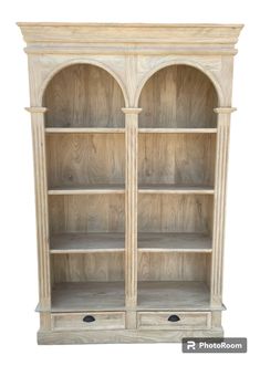 a wooden bookcase with two doors and shelves