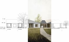 an architectural rendering of a house in the middle of a field with people walking by