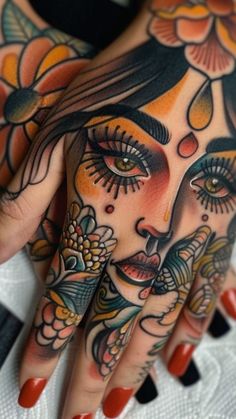 Tattoo Design Of Woman, Feminine Face Tattoos For Women, Realistic Traditional Tattoo, Color Forearm Tattoo Women, Eye Tattoo American Traditional, Green And Red Tattoo, Non Traditional Tattoos, Traditional Finger Tattoos Women, Tatoos Hands Woman