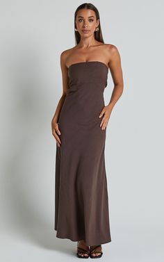 Elerie Maxi Dress - Strapless Linen Dress in Chocolate | Showpo USA Summer Wedding Guest Dress Casual, Strapless Dress Outfit, Classy Formal Dresses, Brown Linen Dress, Slip Dress Style, Brown Dresses Formal, Chocolate Product, Brown Strapless Dress, Maxi Linen Dress