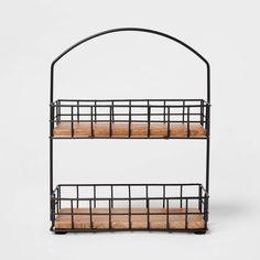 two tiered metal shelf with wooden shelves