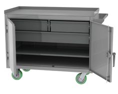 a gray metal cabinet with two drawers and green wheels on the bottom, side view