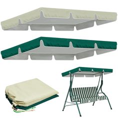 three different types of outdoor furniture including a table and chair, one with a cover on it