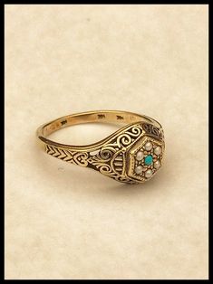 Unique antique style 14K yellow gold ring with a reel pearls and 1vturquoise stone . 14K Yellow Gold ring size is 7 us We make it any size you want !! weight : 2.7 gram top width : 9.5 mm Rose Gold Pearl Ring, Antique Style Rings, Gold Pearl Ring, Rose Gold Pearl, 14k Rose Gold Ring, Real Pearls, 14k Gold Ring, Art Deco Ring, Gold Pearl