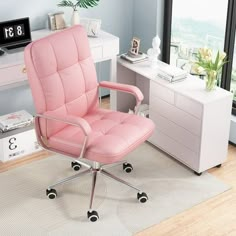 This executive office chair blends mid-century modern style with ergonomic features to provide excellent comfort and support. Made with PU leather, a sturdy metal frame, and padded foam with pocket springs, it supports up to 300 lbs. The chair offers smooth 360 swivel motion, perfect for flexibility in any position. The adjustable backrest reclines from 90 to 120, while the padded armrests ensure extra comfort, making it ideal as a reclining desk chair. The seat height is adjustable by 3.93 inch Girly Office Space, Comfy Desk Chair, Comfy Desk, Pink Desk Chair, Comfortable Computer Chair, Pink Home Office, Pink Office Chair, Cute Desk Chair, Desk Chair Comfy