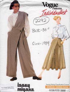 a woman's pants and blouse sewing pattern from the seventies, with an image of a woman in white shirt and brown pants