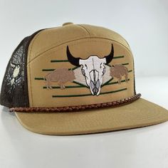 We embroidered all 3 sides of the hat. Hat Custom, Cow Skull, Trucker Cap, Caps Hats, Buffalo, Cow, Mesh, Hats, Leather