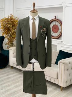 We make Men's 2-Pieces and 3 Pieces Slim Fit Suit perfect for any Smart Perfect Occasion like Weddings, Grooms, Groomsmen, Prom, or Everyday.  This is a Classic Two Piece Suit from high quality fabric and imported materials. Our products are handcrafted by experienced tailors who make sure the that the stitching is precise, lining is proper and the overall product is sturdy enough to not go out of shape for more than a few years. Also all our products have extra margins in their length, sleeves, sides so it's easily alterable if your size changes after some time. To see more available colours and designs in this collection, Check out the 'Premium 3 Piece Suits' Section. *This is a 3 piece set of a jacket, waistcoat and a trouser. *We also offer customization so we can provide you an even b Slim Fit Groom Suit, Green Suit Men, Olive Green Suit, Green Wedding Suit, Wedding Suits Groom, Groomsmen Suits, Prom Suits, Green Suit, Plaid Suit