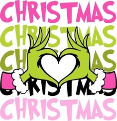 two hands making a heart shape with the words christmas and christmas written in pink, green and white