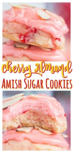 cherry almond amish sugar cookies are stacked on top of each other with pink icing