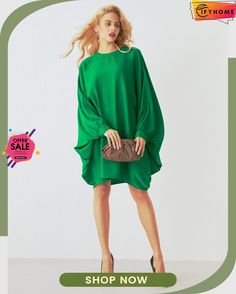 Loose Plain Simple Long Sleeve Mini Dress Oversized Chic Spring Dresses, Chic Oversized Spring Dresses, Green Solid Color Mini Dress For Evening, Chic Oversized Mini Dress, Elegant Oversized Solid Color Dress, Elegant Oversized Dress In Solid Color, Oversized Chic Mini Dress For Spring, Elegant Oversized Mini Dress, Oversized Mini Dress For Day Out