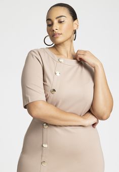 70% Rayon, 26% Nylon, 4% SpandexStretch compact knitBodycon fitJewel neck with back zipperHalf functional placketHits below the kneeBody length on size 18 Zipper Shorts, Button Front Dress, Button Dress, Workwear Dress, Lay Flat, Sleeve Styles, New Dress, Work Wear, Dresses For Work