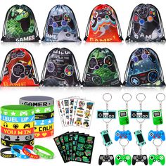 several different types of video game controllers in bags and keychains with tags on them