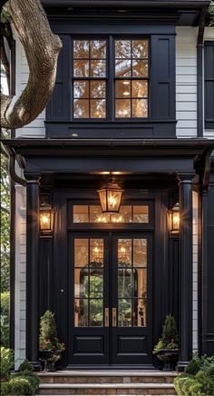 a black front door with two windows and some plants on the steps leading up to it