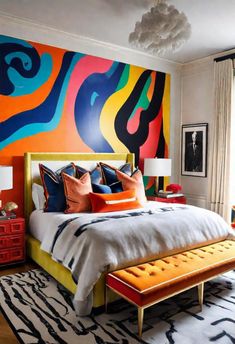 a colorful bedroom with an abstract painting on the wall