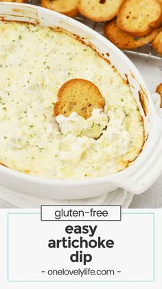 an easy artichoke dip with crackers in the background and text overlay that reads gluten - free easy artichoke dip