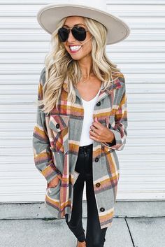 Gray Khaki Chest Pockets Buttoned Oversized Plaid Shacket Gray Button Closure Outerwear For Fall, Gray Outerwear With Button Closure For Fall, Gray Button Closure Fall Outerwear, Gray Fall Outerwear With Button Closure, Oversized Single Breasted Shacket For Fall, Oversized Single Breasted Fall Shacket, Gray Outerwear With Pockets For Fall, Plaid Shacket With Pockets For Fall, Oversized Single Breasted Plaid Shacket