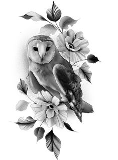 black and white drawing of an owl sitting on a branch with flowers in the background