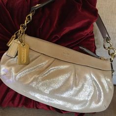 I Purchased This New From The Coach Boutique Store. Shimmery Beige Leather ( Looks Light Gold Or Champagne Because Of The Beautiful Shimmer) With Gold Hardware. In Giftable Condition. However Tags Are Inside The Bag And Not Attached Anymore. Light Purple Interior. Unused. Well Kept. Comes With Dust Bag And 3 Coach Bag Charms In The Photo. I Consider It Rare. I Communicate Within Poshmark Only. This Is A Final Sale. I Do Not Accept Returns. Purple Shoulder Bag With Silver-tone Hardware For Evening, Evening Bags With Silver-tone Hardware In Purple, Purple Evening Bags With Silver-tone Hardware, Coach Purple Shoulder Bag For Evening, Chic Purple Bag With Silver-tone Hardware, Coach Leather Party Bags, Luxury Coach Bag For Party, Luxury Coach Party Bag, Luxury Coach Party Bags