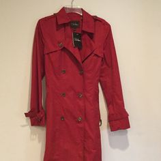 Brand New Women's Red Jacket With Belt. Red Hooded Outerwear For Fall, Classic Burgundy Long Coat, Classic Long Burgundy Coat, Red Spring Outerwear With Pockets, Burgundy Outerwear With Button Closure For Fall, Red Long Sleeve Outerwear With Button Closure, Red Long Coat With Button Closure, Red Hooded Outerwear For Spring, Red Long Sleeve Outerwear For Spring