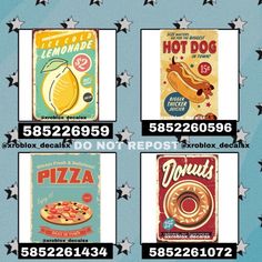 four different types of food are shown in this graphic above the words hot dogs, pizza, hot dog buns, and hotdogs