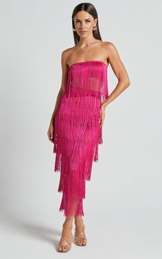 Amalee Two Piece Set - Fringe Strapless Crop Top and Midi Skirt Set in Pink Crop Top And Midi Skirt, Midi Skirt Set, Strapless Crop Top, Party Heels, Trim Detail, Two Piece Set, Two Piece Sets, Skirt Length, Midi Length