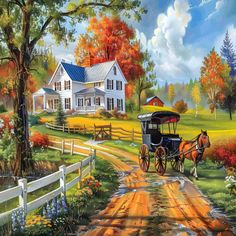 a painting of a horse drawn carriage going down a country road in front of a white house