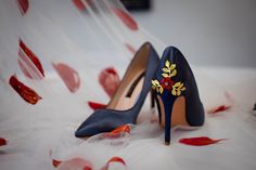 Beautiful Blue Satin Wedding Shoes with 'Cherry Blossom', Embellished Bridal Shoes, Wedding Heels for Bride. Navy Blue Satin, with a shimmer heel and gold leaf details finished with a red flower. These beautiful shoes are the perfect 'Something Blue' for brides and an all round stunning shoe for bridesmaids, mother of the bride, mother of the groom, wedding guests, special occasions or evening shoes. Design Details: * Handmade Satin Wedding Shoes * Comfortable Shoes with cushioned insoles. * Hee Wedding Heels For Bride, Heels For Bride, Bridesmaid Shoe, Heels Low Heel, Shoes Wedding Heels, Navy Blue Bridesmaid, Heels Photo, Wedding Shoes Bridesmaid, Navy Blue Bridesmaids