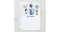 a notepad with planets and stars on it