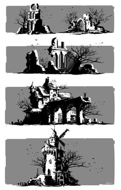 four different black and white images of houses with trees in the foreground, one on top