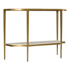 a gold console table with two shelves on each side